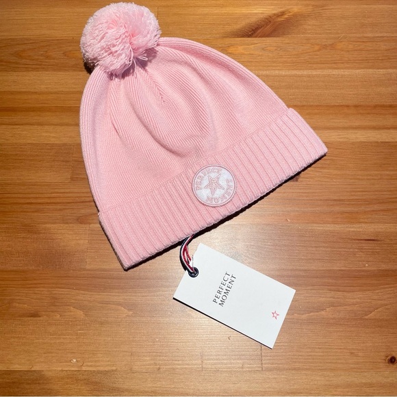 PERFECT MOMENT Patch Beanie Pure Pink NWT 100% Extrafine Merino Wool Pom Pom Hat - Picture 16 of 16
